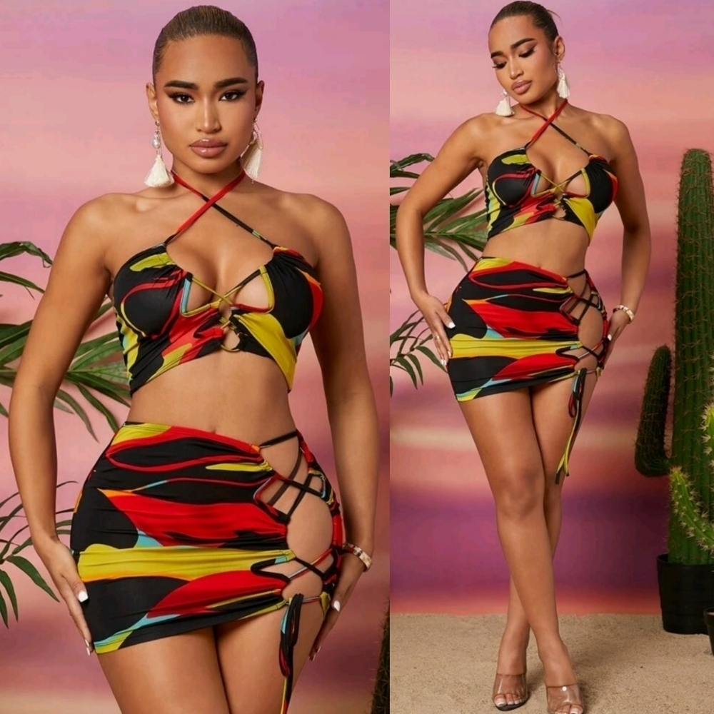SEXY ALLOEVER PRINT TIE BACKLESS HALTER TOP & LACE UP FRONT MESH BODYCON SKIRT